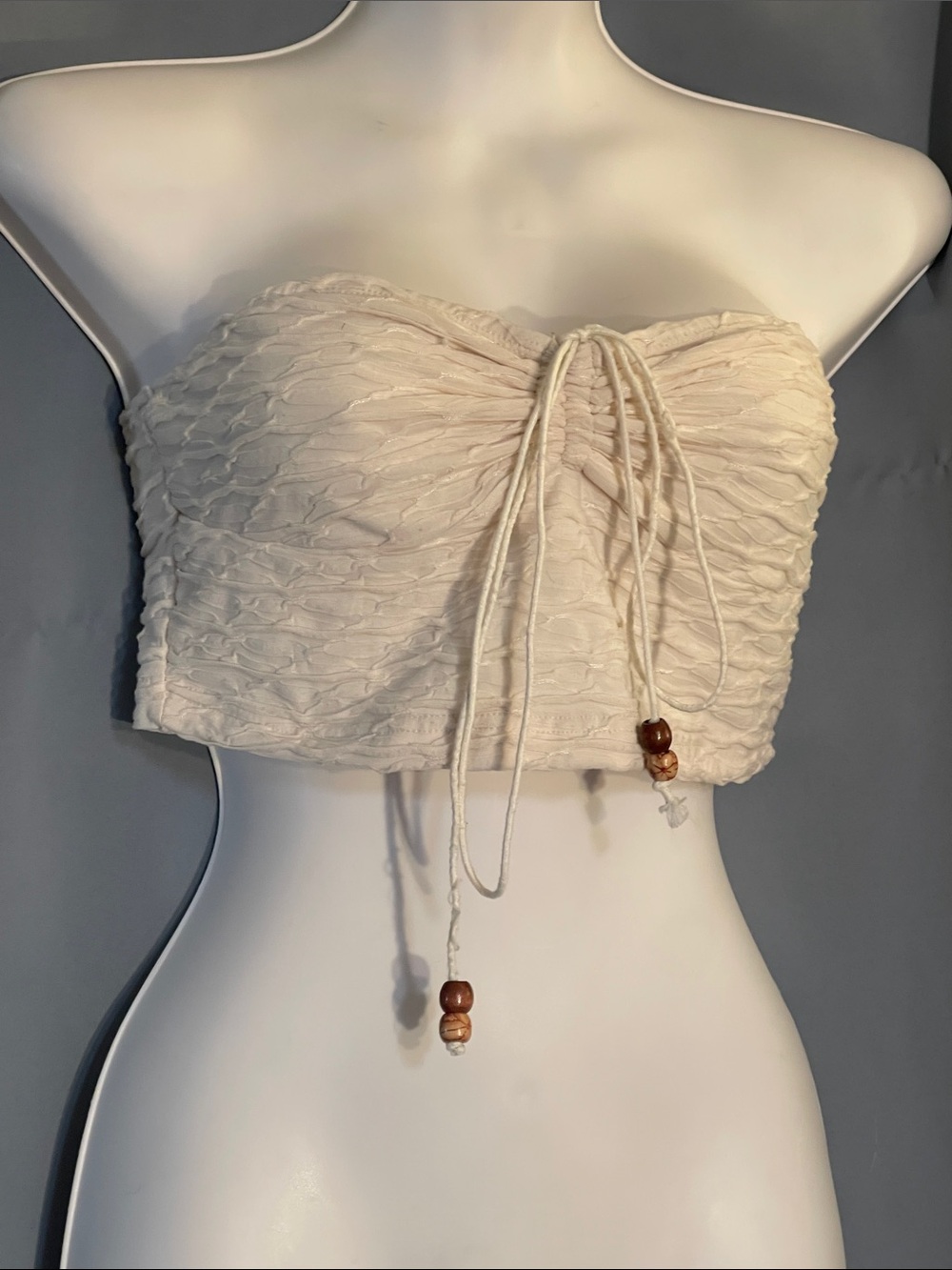 Women's Cream Ruched Strapless Crop Top with Drawstring